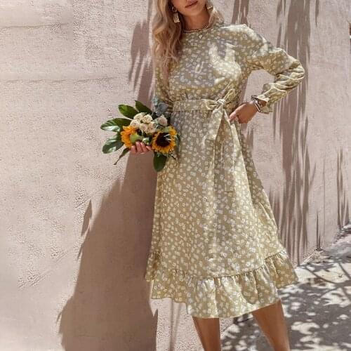 WYWMY Spring New Floral Print Lace Up Dress Women Autumn Casual Long Sleeves O-neck Midi Dresses Elegant Female Ruffled Vestidos