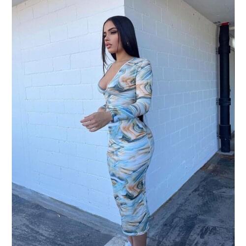 RMSFE 2021 Ladies Long Sleeve V-Neck Belt Fashion Casual Sexy Print Simple Temperament Dress