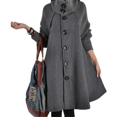 2018 Autumn Winter Turtleneck Woolen Coat Women Sweater Patchwork Wool Coats Cloak Female Midi Long Blends Jacket Outwears A1010