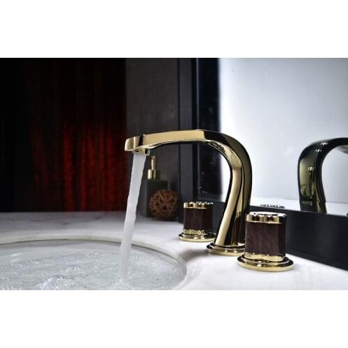 Free ship TI-PVD GOLD 8" Widespread Ceramic Valve Three Holes 3 Pcs lavatory Bathroom Sink Faucet Mixer tap