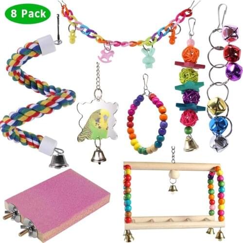 8pcs Bird Toys Parrot Swing Toy with Colorful Wooden Beads Bells and Pet Bird Cage Hammock Hanging Chew Toys