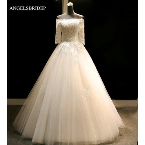 Sexy Three Quarter Wedding Dresses Off-Shoulder Boat Neck Appliques Tulle Floor-Length Vestido De Noiva Bohemian Bride Dress