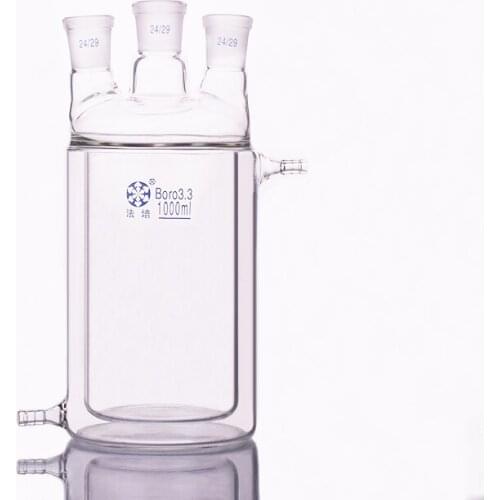 Double-deck cylindrical three straight necks flat bottom flask,Capacity 1000ml,Joint 24/29,Mezzanine jacketed reactor bottle