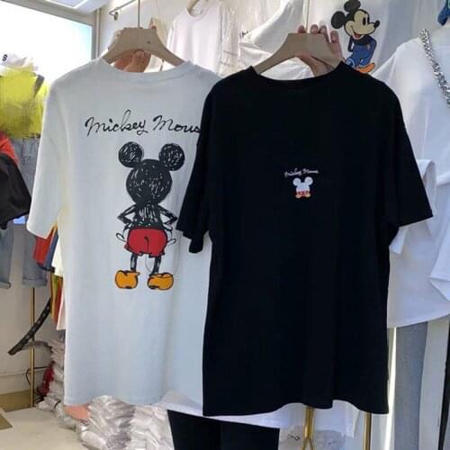 Oversized T-shirt Catoon Mickey Mouse Women Summer Oversized Cotton Tshirt Solid Casual Loose Tshirts O Neck Female Cotton Tops