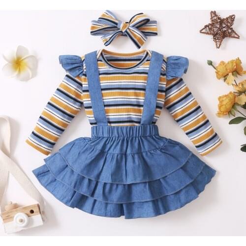 3Pcs Baby Girl Skirt Dress Set Infant Kids Clothing Striped Romper + Ruffle Denim Suspender Skirts Newborn Girl Clothes