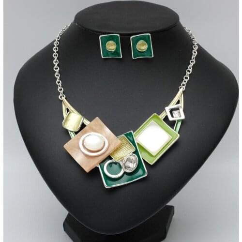 New Fashion Crystal Opal Statement Necklace Earrings Enamel Choker Bohemian Party Wedding Bridal Costume Jewelry Set Gifts Women