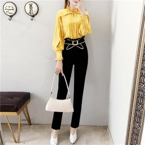 Fashion suit female summer fall New high-end female temperament small fragrance style yellow shirt + small feet pants two sets