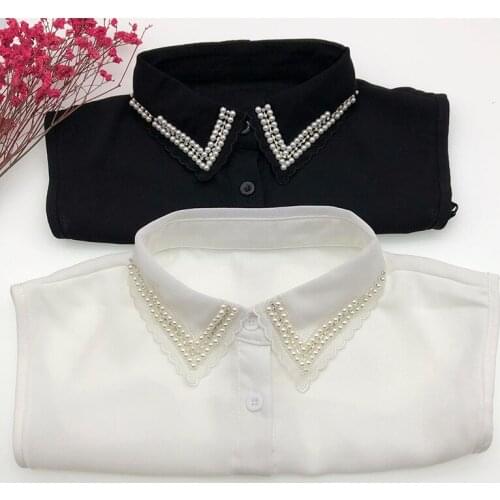 Linbaiway Vintage Style Solid Color Shirt Fake Collar Tie Detachable Collar Lapel Beads False Collar Removable Women Accessories