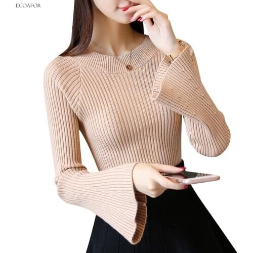 Sweet Hollow Out Knitted Sweater Women Pullovers Ladies Vintage Pure Color O-Neck Ruffles Sleeve Knitted Tops Female Sweater