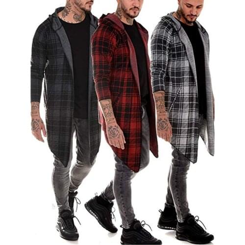 Mens Hoodie Casual Plaid Hooded Windbreaker Mid-length Lapel Jacket Sweatshirts Cardigan Mens Hoodies Streetwear Oversized