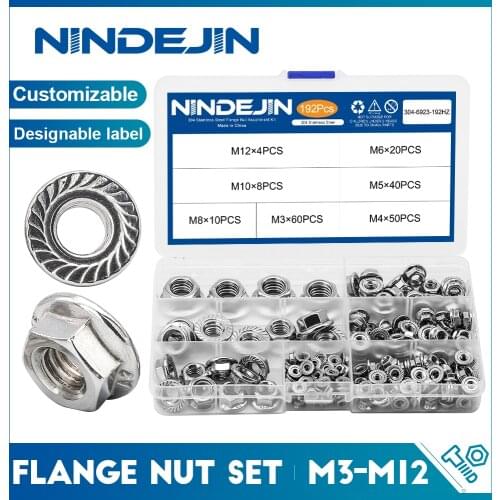 NINDEJIN 192pcs Hexagon Flange Nuts Assortment Kit M3 M4 M5 M6 M8 M10 M12 304 Stainless Steel Metric Flange Nuts Set DIN6923