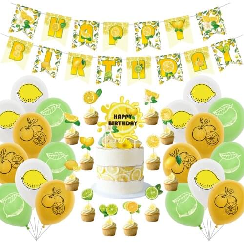 Lemon Theme Baby Birthday Party Decor Set, Letterhead Pull Flag Pattern Cross Flag Latex Balloon