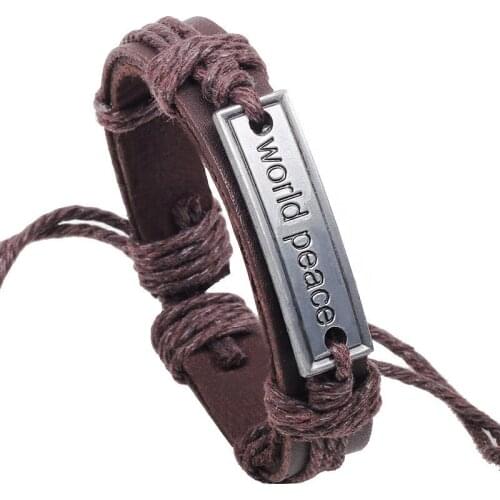 New Leather Cord Bracelet Paracord Metal World Peace Charm Braceletas Fashion Jewelry For Woman Girls Gift
