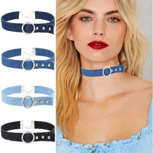 4Pcs/Set Blue Denim Rhinestone Rope Choker Necklace For Women Jeans tattoo Collar Collier ras de cou colar bijoux femme CR038