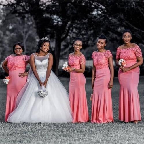 2021 Mermaid Short Sleeve Bridesmaid Dresses Lace Top And Satin Skirt Long Wedding Party Dress Robe De Soirée De Mariage