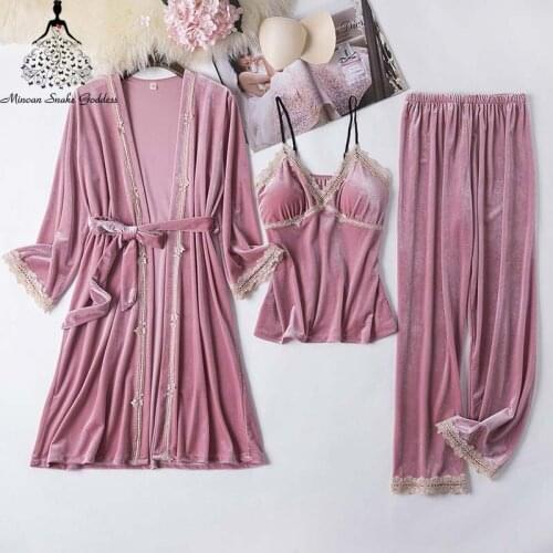3PCS Gold Velvet Pajamas Set For Women Winter Sleep Set Sexy Homewear Pijama Women Pajama Sets Home Suit