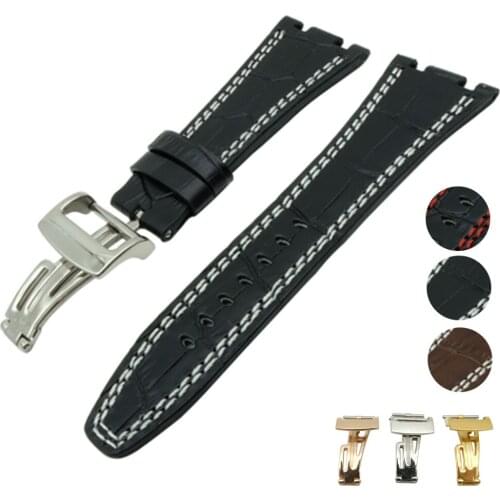 Free Shipping For Audemars 28 mm Black white Line Leather Strap+Clasp for fit for AP Watch Band