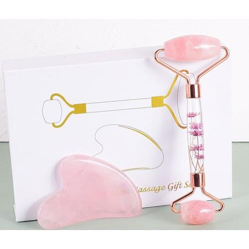 Rose Quartz Jade Roller Flower Pole Face Massager Pink Crystal Jade Facial Massage Roller Gouache Scraper Set Gua Sha Massage