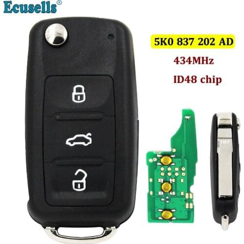 SMART 3 BUTTON REMOTE KEY FOB 434MHZ with ID48 CHIP 5K0 837 202 AD 5K0837202AD 434MHZ FULL KEY for VW VOLKSWAGEN PASSAT GOLF