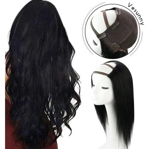 Vesunny Half Wig Human Hair U Part Clip in Half Wig Remy Human Hair Soft Smooth #1 Jet Black U Part Hair Wig Medium Cap
