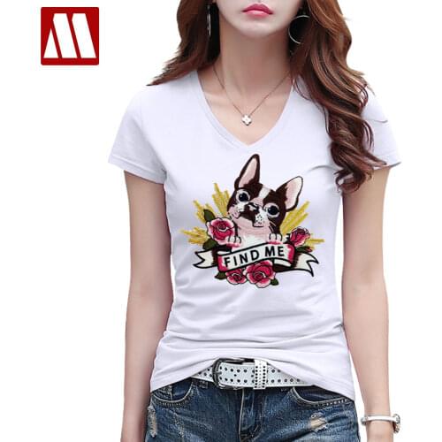 2021 New Arrival Women Lovely Dog and Rose Embroidered Tees Floral Short Sleeve T shirts White Round Neck T-shirt Plus size 5XL