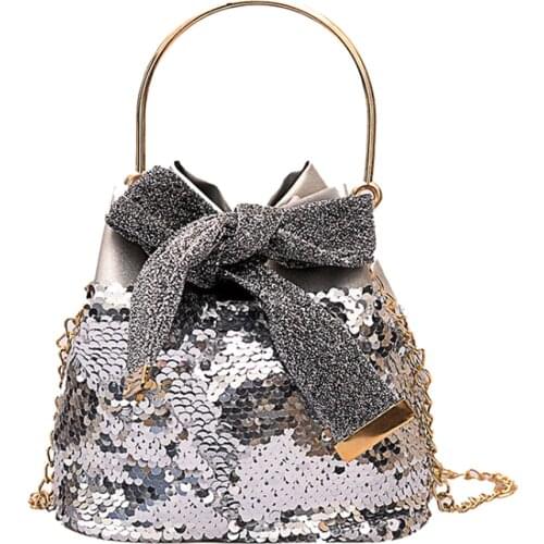 Woman Bag Fashion Metal Handbag Bow Sequins Messenger Chain Wild Bucket bolsa feminina sac a main femme de marque soldes