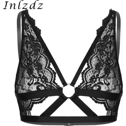 Womens Erotic Sexy Bra Tops See-through Floral Lace Strappy Hollow Out O-ring Bralette Lingerie Hot Brassiere Underwear