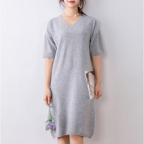 High-End Cashmere V- Neck Women Casual Long Knees Dresses Sweater Autumn Winter Loose Soft Knitted Large Size Jumpes