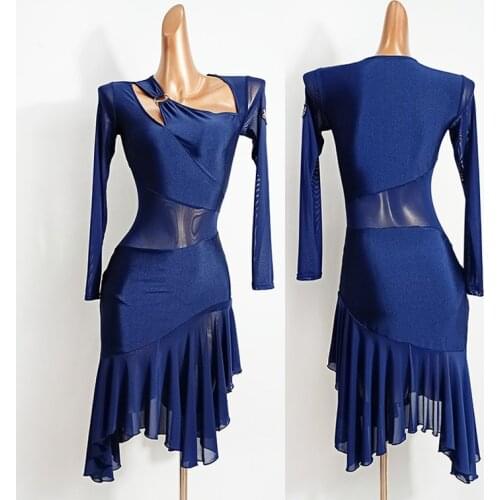 Latin Practice Clothes Women Long-Sleeved Dress Irregular Mesh Skirt Rumba Tango Chacha Latin Dance Competition Dresses DN7073