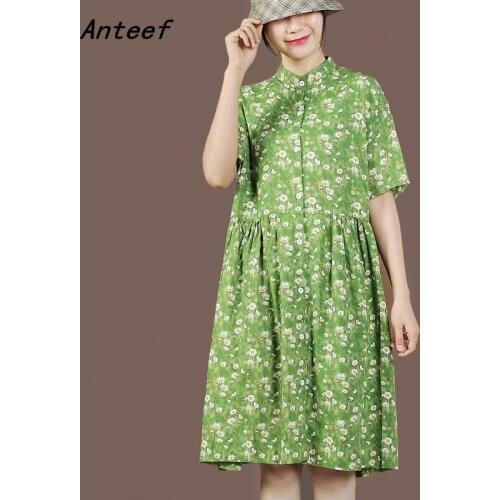 Short sleeve cotton linen vintage floral dresses for women casual loose midi summer shirt dress elegant clothes 2021