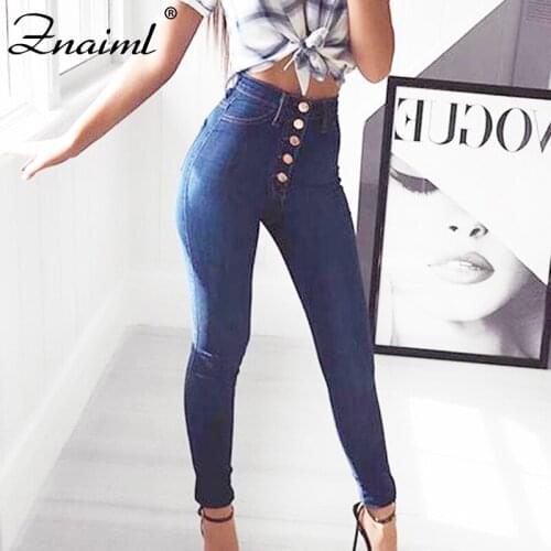 Znaiml Single-Breasted Blue Jeans Woman High Waist Elastic Pencil Pants Female Washed Denim Skinny Stretch Street Jean Femme