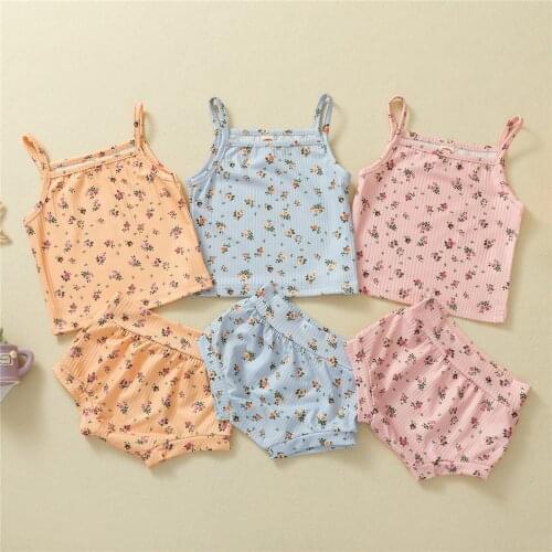 0-2Years Baby Girls Cool Summer Sleeveless 2Pcs Childrens Sets Toddler Sweet Floral Print Camisole Top + Elastic Waist Shorts