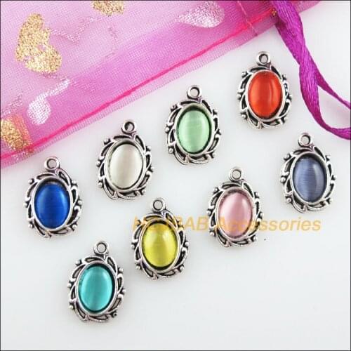 24 New Flower Charms Tibetan Silver Tone Oval Cat eye Stone Mixed Pendants 11x15mm