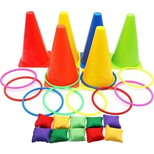 3 in 1 Ring Game Carnival Combo Set Soft Traffic Cone Bean Bags with Plastic Multicolor Throwing Circle Activity Rings
