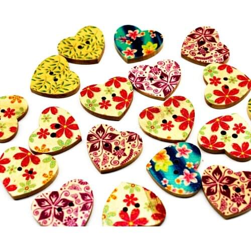300pcs big Mixed Printed Heart Shape natural Wooden Buttons - Sewing Event Sweetheart Wood Scrapbooking Embellishment 25mm