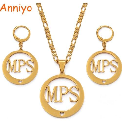 Anniyo Heart MPS Name Necklace and Earrings Jewelry sets for Women Gold Color Jewellery #036021