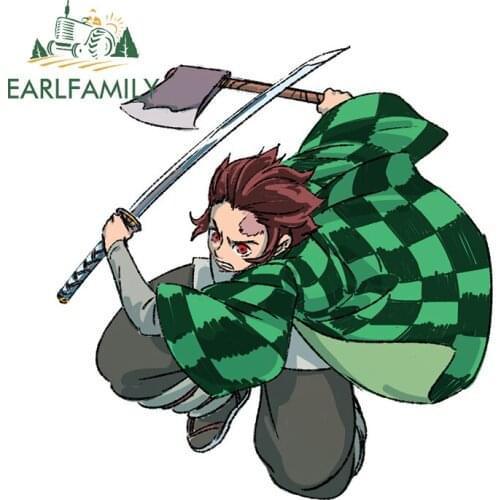 EARLFAMILY 13cm x 12.5cm for Demon Slayer Tanjiro Surfboard Car Sticker Sunscreen Waterproof Decal Refrigerator Trunk Decoration