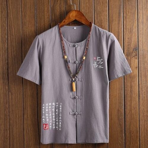 Chinese Clothes for Men T-Shirt Male Linen Cotton Loose Blouse Traditional Kung Fu Outfit Hanfu Coats Wu Shu Tee Tops
