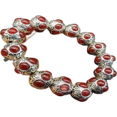 China Old Tibetan Silver Inlaid Red Colour Jade Bead Hand String Bracelet