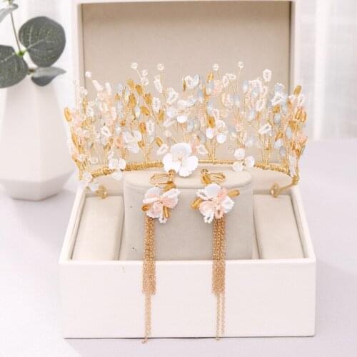 Korean Crystal Flower gild Crown&earrings sets Hair Band Handmade Crown weddding bride trendy Hair Accessories High-end Jewelry