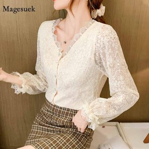 V-Neck Lace New Elegant White Blouse Women 2020 Autumn Vintage Long Sleeve Top Women Crochet Flower Women Shirts Blusas 11907