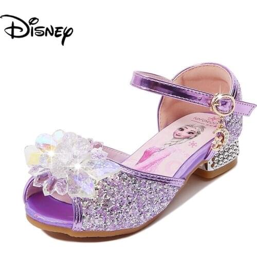 Original Disney Frozen Aisha Princess Childrens High Heel Sandals Sequined Diamond Crystal Shoes Little Girl Shoes
