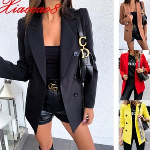 2021 Autumn Womens Blazer Jacket Solid Double Breasted Long Sleeve Blazers Casual Femme Outwear Clothes Plus Size Loose Coats