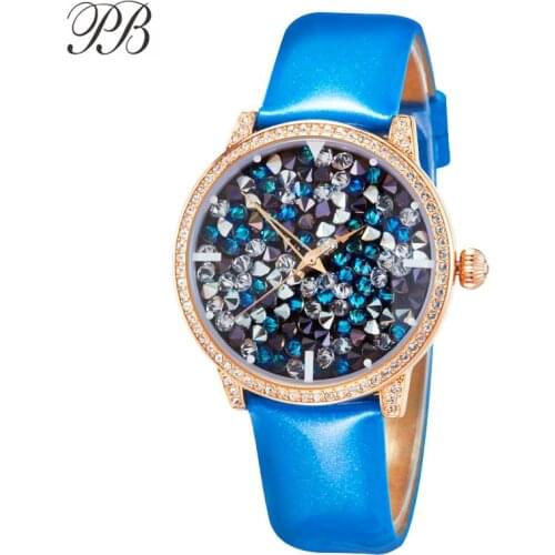 PB Watches Women Starry Sky Dial Crystal Shining Watch Women Blue Leather Strap Quartz Waterproof Luxury Relógio Feminino