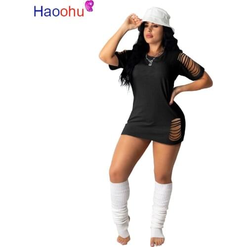 HAOOHU Sexy Hole Short Sleeve T Shirt Dress Fall Clothes for Women Plus Size Vestidos Birthday Party Night Club Mini Dresses