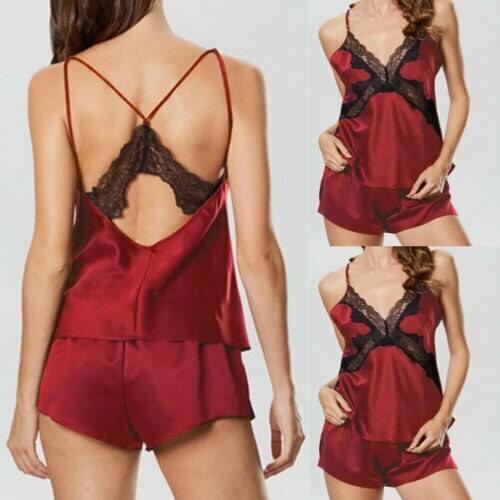 Sexy Women Satin Sleepwear Suit Lace V Neck Backless Red Pajamas Lingerie Underwear Nightwear Women New
