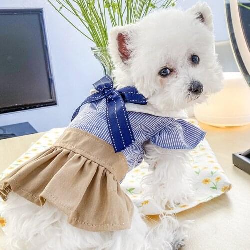 Blue Stripe Dog Dress with Bow Pet Lapel Skirts Cat Summer Clothes Cute Puppy Costume for Small Medium Chihuahua Dogs Girls