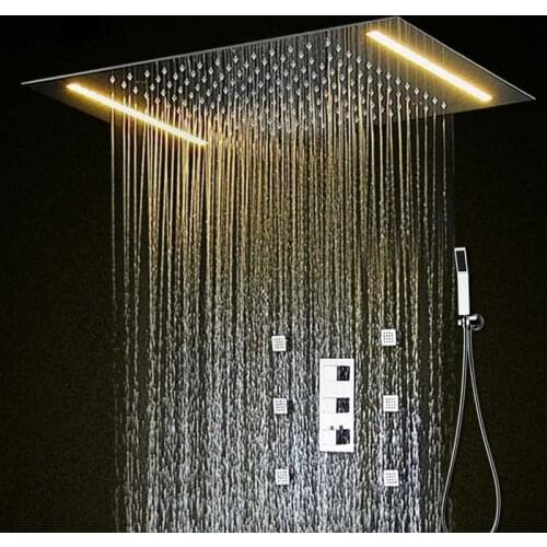 Bathroom Concealed Shower Set Thermostatic LED Warm White Light European Style Top Spray Rainfall Waterfall Faucet Mixer Tap