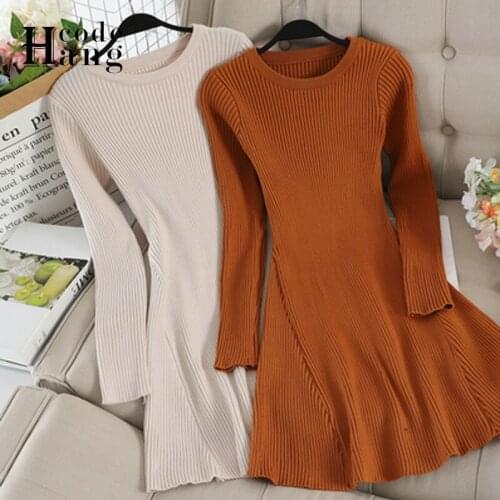 HangCode New Basic Autumn Winter Short A-line Sweater Dress All Match O-neck Long Sleeve Knit Dress Women Casual Mini Dress