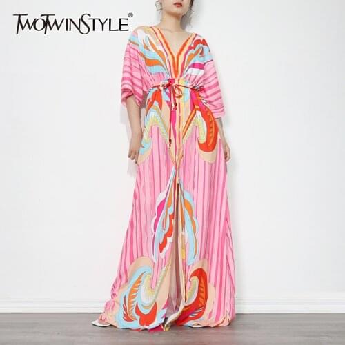 TWOTWINSTYLE Hit Color Loose Dress For Women V Neck Half Sleeve High Waist Print Maxi Dresses Female Fashion New Clothing 2021